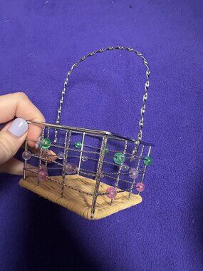 Vintage Mini Metal and Wire Silver Pink Green Beaded Handle Basket 5.5"T x 3.5"W